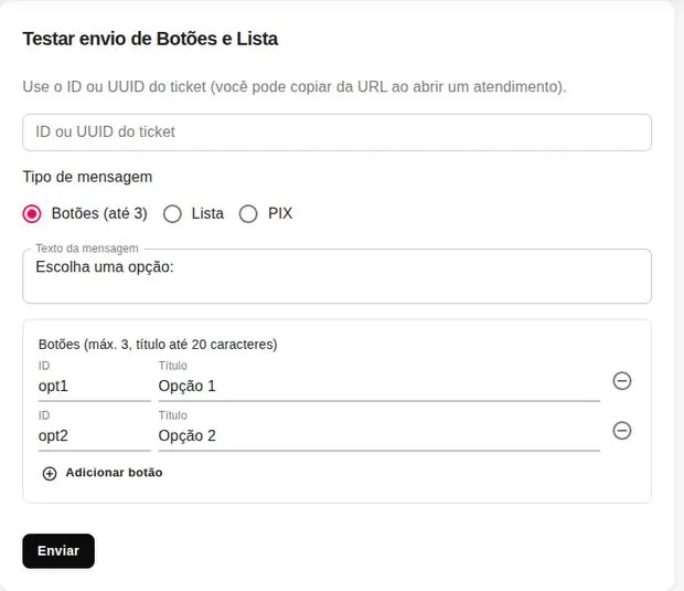 Tela de teste de envio de botões e lista