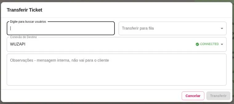 Janela de transferência com usuário, fila, conexão de destino e observações