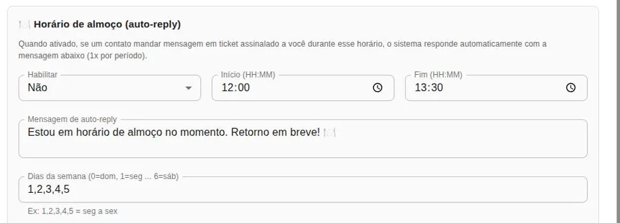 Configuração do horário de almoço com resposta automática
