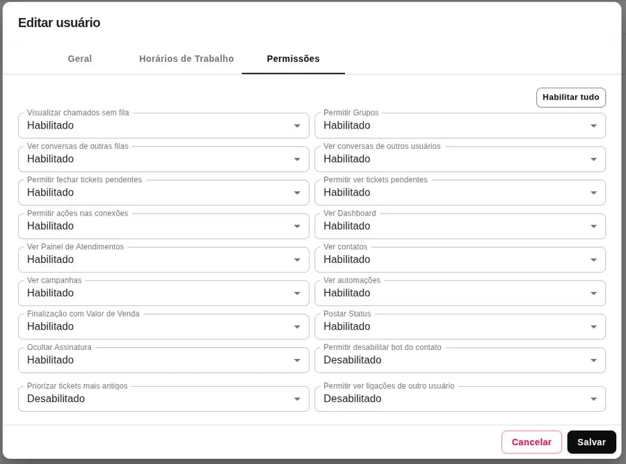 Aba de permissões do usuário, com as chaves de habilitar e desabilitar